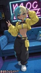 1girls ai_generated bangs belt black_pants blonde_hair blue_eyes blue_hair blue_nails breasts brokewyt canari_(pokemon) canary_(pokemon) couch crop_top cropped_jacket cuckold dark-skinned_female dark_skin double_v full_body grin hi_res high_quality high_resolution highres indoors jacket long_sleeves looking_at_viewer midriff multicolored_hair nail_polish navel netorare open_jacket pants pokemon pokemon_legends:_z-a shoes smile solo standing twintails two-tone_hair uncensored v watermark white_footwear yellow_jacket