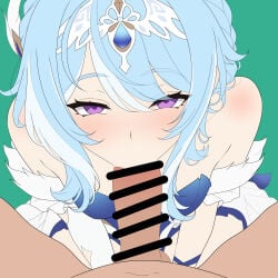 1boy 1girl absurdres bar_censor bare_shoulders blue_hair blush censored commentary_request erection eyes_visible_through_hair fellatio genshin_impact green_background hair_between_eyes hetero highres looking_at_viewer odette_(genshin_impact) oral penis pov pov_crotch purple_eyes sidelocks simple_background solo_focus takashia unfinished