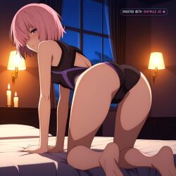 1girl ai_assisted ai_generated all_fours anime_screencap anime_screenshot barefoot candle_light candles covered_erect_nipples dark_room hair_over_one_eye half_closed_eyes highres hotel_room leotard looking_at_viewer looking_back_at_viewer mash_kyrielight night on_all_fours on_bed parted_lips pink_hair purple_eyes shy small_ass small_breasts soles solo viewed_from_behind window