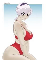 1girls 2d 2d_(artwork) artist_name artist_signature ass bikini bikini_bottom bikini_top black_eyebrows black_eyes brawl_stars breasts butt clavicle cleavage colette_(brawl_stars) elbows female female_focus female_only girl hair_ornament hairband headband hips light-skinned_female light_skin lips looking_at_viewer notpaip red_bikini short_hair shoulders side_view sideboob simple_background supercell swimsuit teenage_girl teenager thighs tied_hair waist white_body white_hair woman