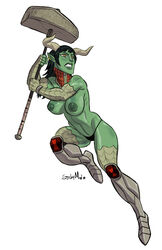 areola armor biceps big_areola big_breasts big_nipples black_hair breasts brown_eyes earrings female female_only gem green_skin grovnur hips horns lips long_hair looking_away medium_breasts muscle_tone muscular_female nipples no_humans orange_eyes perky_breasts pointy_ears puffy_areola skimpy solo stickymon thighs toned uncensored unconvincing_armor war_hammer weapon white_background