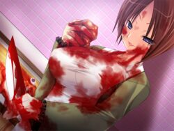 blood bloody_clothes bloody_knife blue_eyes breasts brown_hair clothes color covered_breasts eyeball eyes female female_only gore guro hand heart human kikushita_yuumi knife large_breasts mouth open_eyes open_mouth severed_hand smile solo stained_clothes yandere_(visual_novel)