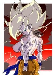 1girls angry angry_face artist_name artist_request belt big_breasts blonde_hair dragon_ball dragon_ball_z female_goku genderswap muscles muscular_arms muscular_back muscular_female namek namek_saga pants planet_namek saiyan saiyan_female shirtless son_goku super_saiyan