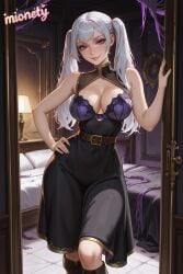 1girl ai_generated artist_name bare_arms bare_shoulders bed bedroom belt belt_buckle black_clover black_dress black_socks blush bra breasts brown_belt buckle cleavage cleavage_cutout clothing_cutout dress earrings feet_out_of_frame grey_hair hand_on_own_hip hand_up indoors jewelry knee_boots kneehighs lamp large_breasts lips long_hair looking_at_viewer mionety mirror noelle_silva on_bed open_door parted_lips pillow purple_eyes sitting sleeveless sleeveless_dress smile socks solo standing tile_floor twintails underwear white_hair