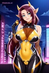1girl ai_assisted ai_generated armor bare_shoulders black_bodysuit blue_eyes bushy_eyebrows city cityscape clouds cowboy_shot crotchless curvy dark_theme detailed_pussy elbow_gloves fang fishnets gloves high_contrast kagami_hirotaka koukawa_oboro large_ears looking_at_viewer monster_female neon_lights night night_sky no_tail outdoors soft_shading solo taimanin_asagi_zero taimanin_suit thigh_gap visible_pussy yellow_face