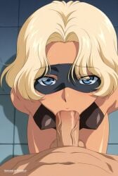 1girl ai_assisted ai_generated anime_coloring balls_deep blonde_hair blue_eyes dark_skin dark_skinned_female deep deepthroat dominated facing_viewer hands_behind_back high_quality highres petite_body pov retro_artstyle ripped_clothes sitting_on_knees skinny small_breasts small_tits tiny_tits wavy_hair young