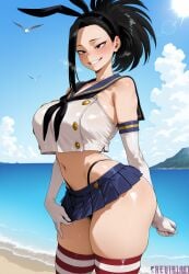 1girl ai_generated animal_ears bare_shoulders beach bird black_eyes black_hair black_neckerchief black_panties blue_sailor_collar blue_skirt blue_sky blush boku_no_hero_academia breasts cloud cosplay crop_top crop_top_overhang day elbow_gloves fake_animal_ears gloves grin hairband highleg highleg_panties large_breasts looking_at_viewer microskirt midriff miniskirt my_hero_academia navel neckerchief ocean outdoors panties pleated_skirt ponytail rabbit_ears reviaiart sailor_collar shimakaze skindentation skirt skirt_tug sky smile solo striped_clothes striped_thighhighs sweat thick_thighs thighhighs thighs thong underwear white_gloves yaoyorozu_momo