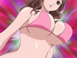 1girls 4:3 akahori_gedou_hour_rabuge animated bikini_top bounce bouncing_breasts breasts brown_eyes brown_hair cleavage female female_only from_below hokke_otone hypnotic large_breasts long_hair lowres screencap solo swimsuit wavy_hair