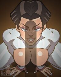 1boy1girl 2d 2d_(artwork) anissa female invincible invincible_(tv_series) kneeling male muscles muscular muscular_female penis_shadow pov pov_eye_contact ready_for_more smile viltrumite youronemomi