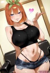 1girl ai_generated bare_shoulders black_panties blue_eyes blue_shorts blush breasts cleavage collarbone couch crop_top curvy cutoffs denim denim_shorts go-toubun_no_hanayome green_hairband green_ribbon hair_between_eyes hair_ribbon hairband hand_up heart highleg highleg_panties indoors large_breasts looking_at_viewer medium_hair midriff nakano_yotsuba navel orange_hair panties parted_lips quintessential_quintuplets reviaiart ribbon short_hair short_shorts shorts smile solo stomach tank_top thighs underwear
