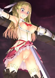 blonde_hair bondage bondage boots breasts censored dress f-ism highres long_hair murakami_suigun nipples petticoat pussy red_eyes skirt skirt_lift sword thigh_boots thighhighs weapon white_legwear