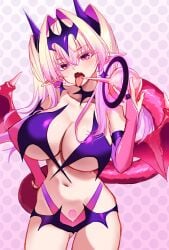 ass_visible_through_thighs blush bombergirl demon_girl fang hand_on_hip huge_breasts one_arm_up open_mouth tongue_out
