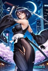 1girl ai_assisted ai_generated armor bare_shoulders black_bodysuit black_hair black_kimono bleach cherry_blossoms city cityscape clouds cowboy_shot crescent_moon crotchless curvy dark_purple_eyes dark_theme detailed_pussy elbow_gloves fishnets from_side gloves hair_between_eyes high_contrast holding_sword jumping kagami_hirotaka katana koukawa_oboro looking_at_viewer midair neon_lights night night_sky outdoors parted_lips rukia_kuchiki serious short_hair socks soft_shading taimanin_asagi_zero taimanin_suit teeth thigh_gap visible_pussy white_sash wide_sleeves zouri