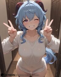 1girl ahoge ai_generated bangs black_thighhighs blue_hair blush breasts collarbone covered_navel cowboy_shot door doorway double_v ganyu_(genshin_impact) genshin_impact goat_horns gradient_eyes grin hands_up horns houseofsinners indoors large_breasts long_hair long_sleeves looking_at_viewer one_eye_closed open_door purple_eyes shirt sidelocks smile solo thighhighs thighs v white_shirt