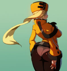 1girls ass back blonde_hair blue_eyes clothed female gloves green_background guilty_gear hat huge_breasts jacket jacqli large_ass long_hair looking_at_viewer looking_back millia_rage panties pantyhose solo standing thick_thighs