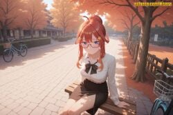 1girl ahoge ai_generated alternate_costume alternate_hairstyle arm_support autumn autumn_leaves bench bespectacled bicycle black-framed_eyewear black_bow black_bowtie black_skirt blue_eyes blue_sky blush bow bowtie breasts building closed_mouth cloud collarbone collared_shirt dappled_sunlight day feet_out_of_frame fence glasses go-toubun_no_hanayome hair_between_eyes hair_bun hair_ornament headphones itsuki_nakano large_breasts long_hair long_sleeves looking_at_viewer miniskirt nakano_itsuki nivora on_bench outdoors park_bench pavement pencil_skirt red-framed_eyewear red_hair scenery semi-rimless_eyewear shirt side_slit sidelocks single_hair_bun sitting sitting_on_bench skirt sky solo star_(symbol) star_hair_ornament sunlight tree under-rim_eyewear white_shirt