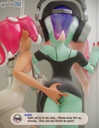 acht_(splatoon) agent_8_(splatoon) clothed clothed_sex dedf1sh dialogue dochaunt24 elevator elevator_sex fingering hat headphones octoling splatoon splatoon_3 splatoon_3:_side_order