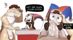 anthro big_penis blowjob buff crocodile dialogue glitch_productions gummigoo_(the_amazing_digital_circus) hat jester muscles on_knees pomni_(the_amazing_digital_circus) the_amazing_digital_circus thighs work_uniform