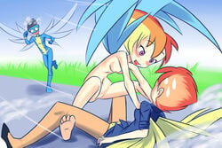 1boy 2girls blush bodysuit breasts drantyno friendship_is_magic full-face_blush human humanized my_little_pony nipples nude o_o on_one_foot open_mouth orange_hair pegasus_wings personification purple_eyes pussy rainbow_dash_(mlp) short_hair soarin_(mlp) spitfire_(mlp) spread_legs straight_hair sweatdrop wind wings yuri