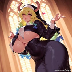 1girl ai_generated balecxi blonde_hair church covered_nipples curvy dragon_girl dragon_horns green_hair habit heart horns_through_headwear huge_breasts kobayashi-san_chi_no_maidragon lips long_hair looking_at_viewer lucoa lucoa_(maidragon) miss_kobayashi's_dragon_maid multicolored_hair nun one_eye_closed patreon_username quetzalcoatl_(dragon_maid) solo underboob
