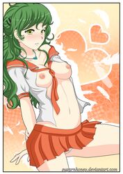 blush breasts feathers female green_eyes green_hair heart high_resolution long_hair navel necklace nipples no_bra off_shoulder open_clothes original panties school_uniform skirt solo striped striped_panties sugarnhoney