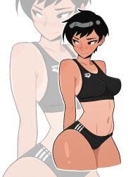 1girls black_eyes black_hair blush curvy dc dc_comics earrings embarrassed female female_focus female_only lois_lane lois_lane_(my_adventures_with_superman) my_adventures_with_superman short_hair slim_waist sports_bra sportswear superman_(series) tan_body tan_skin tanline tanned tanned_female tanned_skin thick_thighs thighs tomboy white_background