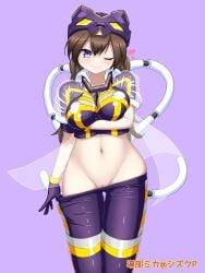 1girl 4109shizukup artist_signature brown_hair duel_monster going_commando gray_eyes hat heart_symbol hearts_around_head i:p_masquerena large_breasts latex_clothing pussy_peek removing_pants teasing twintails wink winking_at_viewer yu-gi-oh!