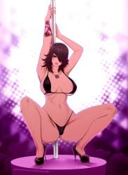 1girls bikini black_hair dogtags female female_only high_heels navel_piercing nofuture pole_dancing rubi_malone squatting stripper_pole tattoo tattoo_on_arm tattooed_arm wet_(game)