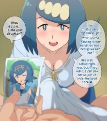 1girl1boy blue_eyes blue_hair cheating e_keroron edit english english_dialogue english_text ero_kaeru hair_ornament handjob lana's_mother_(pokemon) lana_(pokemon) mother mother_and_daughter no_sclera photo photo_(object) pokemon pokemon_sm pov pov_eye_contact prostitution speech_bubble third-party_edit