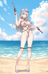 1girl absurdres beach breasts commentary_request dual_wielding grey_eyes grey_hair gun hat highres holding holding_gun holding_weapon jiuyuan_(nte) jiuyuan_(self-discipline_time)_(nte) large_breasts long_hair looking_at_viewer navel neverness_to_everness nipple_piercing nipples nude open_mouth outdoors piercing purple_eyes sand smile solo water weapon white_hat xiaoxi0619