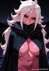 1girl 2026 ai_generated android_21 anime areola_slip black_sclera boobs breasts cape cleavage colored_sclera colored_skin covered_nipples crossover dragon_ball dragon_ball_super dragon_ball_z earrings exposed_nipples eye_contact female female_focus grin highres hoop_earrings huge_breasts jewelry large_breasts long_hair looking_at_viewer midriff navel night night_sky nipples nsfw out-of-frame_censoring outdoors patreon piercing pink_skin pointy_ears pubic_tattoo red_eyes rognezart shiny shiny_skin sky smile smiling solo star_(sky) starry_sky stomach tattoo teeth turtleneck very_long_hair white_hair