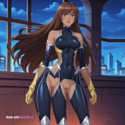 1girl ai_assisted ai_generated armor bare_shoulders black_bodysuit brown_eyes brown_hair castle city cityscape clouds cowboy_shot crotchless curvy dark_skin dark_theme detailed_pussy elbow_gloves fishnets gloves high_contrast indoors kagami_hirotaka koukawa_oboro looking_at_viewer makeup neon_lights night night_sky outdoors soft_shading taimanin_asagi_zero taimanin_suit thigh_gap visible_pussy yellow_gloves