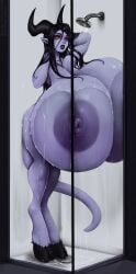 1girls aiila_(impracticalart) big_breasts black_hair blizzard_entertainment blue_skin boobs_pressed breasts breasts_bigger_than_torso breasts_pressed_on_glass draenei female female_only huge_breasts hyper_breasts impracticalart nipples original_character shower solo voluptuous voluptuous_female warcraft world_of_warcraft