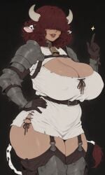 ai_generated bigbizarts breast_cutout brown_skin cowgirl enormous_breasts eyes_covered full_lips milf red_hair tunic