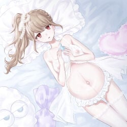 baby_bottle babydoll braided_hair brown_hair canon_genderswap female female_only genderswap_(mtf) gintama hair_ribbon light_brown_hair linea_nigra lingerie long_hair looking_at_viewer nipples_visible_through_clothing okita_sougo okita_souko on_back on_bed pale-skinned_female pale_skin ponytail pregnant red_eyes rule_63 shirogu side_ponytail solo thigh_gap thighhighs white_legwear white_thighhighs