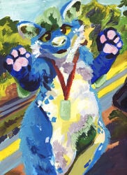 4_fingers absurd_res ambiguous_gender animal_genitalia animate_inanimate anthro armpit_hair badge balls belly biped blue_body blue_fur body_hair bulge canid canine canis car chest_tuft clothing cloud collar costume countershading crotch_tuft day desert detailed_background digital_media_(artwork) digital_painting_(artwork) dog_tags domestic_dog dragon featureless_crotch felid female feral fingers fluffy forest fox front_view fur fursuit genitals gesture grass green_body green_eyes green_fur hair hairy half-length_portrait handpaw happy happy_trail hi_res hill hybrid jewelry lagomorph landscape looking_at_viewer looking_up male mammal markings mountain multicolored_body multicolored_fur murrsuit mythological_creature mythological_scalie mythology nature nature_background necklace nude open_mouth outside overweight overweight_anthro overweight_male painting_(artwork) painting_(disambiguation) pawpads paws pink_pawpads plant plushie portrait pubes public reptile road scalie semi-anthro sheath sidewalk sign sky slightly_chubby slightly_chubby_male smile solo standing street tail teeth traditional_media_(artwork) tree tuft vehicle watercolor_(artwork) waving white_belly white_body white_fur wolf yellow_body yellow_eyes yellow_fur yellow_sclera zaverose