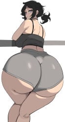 ashley_graves ass black_hair bottom_heavy bottomless_female bra_strap bra_straps breasts curvy edit fat_ass female female_only huge_ass large_breasts long_hair looking_at_viewer looking_back pink_eyes ponytail raised_eyebrow short_shorts simple_background standing the_coffin_of_andy_and_leyley thick_thighs thighs white_background wide_hips y_agc yuta_agc