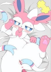 2026 anus bed bird's-eye_view blush blush_lines bodily_fluids bow_ribbon butt clitoris crossbar_emanata cute_fangs digital_drawing_(artwork) digital_media_(artwork) eeveelution emanata fangs female female_feral feral fur furniture generation_6_pokemon genitals hi_res high-angle_view japanese_description looking_at_viewer lying multicolored_body multicolored_fur narrowed_eyes nintendo on_back on_bed pawpads pink_anus pink_body pink_fur pink_pawpads pokemon pokemon_(species) presenting presenting_hindquarters presenting_vulva pupils quadruped satoumizu672 solo spread_legs spread_vulva spreading sweat sweatdrop sylveon tail teal_eyes teeth two_tone_body two_tone_fur vulva white_body white_fur white_pupils white_vulva