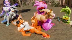 alternate_muscle_size amy_rose anthro beach blaze_the_cat diag34k hyper_penis muscular_female muscular_male silver_the_hedgehog sonic_(series) surge_the_tenrec tails_the_fox