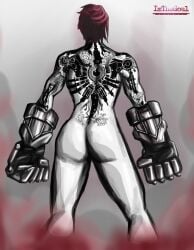 1girls arcane arcane_vi back_view black_and_white female female_only gauntlets imthegoul league_of_legends muscles muscular_back muscular_female naked nude nude_female red_hair tattoo vi_(league_of_legends)