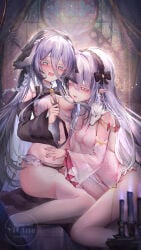 2girls absurdres animal_head bare_shoulders black_bow black_hairband black_panties black_sleeves blue_eyes blush bow braid breasts candle commentary_request curtains earrings frilled_hairband frills garter_belt hair_bow hairband hand_on_another's_stomach highres hoop_earrings indoors jewelry knees_together_feet_apart looking_at_another multiple_girls nipples nun_headdress one_breast_out original panties pantyhose pointy_ears red_bow red_eyes saliva saliva_trail see-through_clothes sitting small_breasts stained_glass thighhighs underwear vampire watermark white_garter_belt white_hair white_pantyhose white_thighhighs wide_sleeves wolf_head yellow_eyes yinber yuri