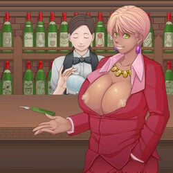 alcohol aratama_(a-tama) areola bar beige_skin bottle bowtie breasts brown_skin busty cleavage closed_eyes clothes color dark-skinned_female dark_skin earrings female ganguro hair human key large_breasts looking_at_viewer nipple_slip nipples no_bra open_clothes original original_character pink_hair smile voluptuous yellow_eyes