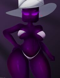 1girl 2025 :3 arm_on_hip bikini cube_head enon_nn female_focus geometry_dash hat purple_body purple_eyes rooldina_(pr0l3t10n) thick_thighs white_bikini white_hat