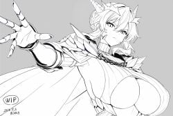 1girls artist_name artoria_pendragon artoria_pendragon_(lancer_alter) big_breasts breasts cleavage clothing dated eyebrows eyebrows_visible_through_hair eyelashes fate/grand_order fate_(series) female female_focus female_only greyscale huge_breasts large_breasts looking_at_viewer low-angle_view monochrome revealing_clothes seo_tatsuya simple_background solo solo_female solo_focus underboob underboob_cleavage