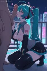 1boy 1girl ahoge ai_generated black_footwear black_legwear blue_eyes blush boots breasts breasts_outside detached_sleeves fellatio hatsune_miku headphones heart heart-shaped_pupils hetero hi_res high_quality high_resolution kneeling long_hair nipples oral patreon penis saliva seductive sexy skirt solo_focus squatting symbol-shaped_pupils testicles thigh_boots thighhighs twintails uncensored vocaloid watermark