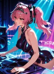 1girl 2026 ai_generated animal_ear_headphones animal_ears anime bangs bare_shoulders black_bow black_dress boobs bow breasts cat_ears cleavage crossover dress earrings fake_animal_ears female female_focus green_eyes grin hair_accessory hair_between_eyes hair_bow hairband headphones highres huge_breasts jewelry large_breasts latex leaning_forward long_hair lupa_(wuthering_waves) nsfw patreon pigtails pink_hair rognezart shiny shiny_clothes short_dress sidelocks sleeveless sleeveless_dress smile smiling solo teeth thick_thighs thighs twintails very_long_hair wuthering_waves