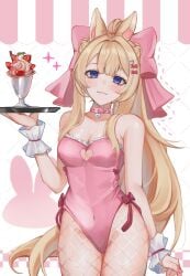 1girl animal_ears bare_shoulders blonde_hair blue_eyes bow breasts bunnysuit cleavage collar fishnets food fruit hair_bow hair_ornament heart holding_tray indie_virtual_youtuber leotard long_hair looking_at_viewer pantyhose pink_bow pink_leotard pink_ribbon ribbon solo strawberry tail tray very_long_hair virtual_youtuber vyugen wrist_cuffs yenko