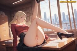 1girl after_sex after_vaginal ai_generated anus arm_support ass bare_legs black_footwear black_ribbon black_skirt blonde_hair blush book bracelet braid breasts buttons camilla_(spy_x_family) censored city cityscape closed_mouth clothes_lift cum cum_in_pussy cumdrip day desk earrings full_body hair_ribbon high-waist_skirt high_heels hoop_earrings indoors jewelry large_breasts leaning_back leg_up legs legs_up long_hair long_sleeves looking_at_viewer medium_breasts miniskirt mosaic_censoring necklace nivora no_panties on_desk on_table paper paper_stack parted_bangs parted_lips pussy red_shirt ribbon shirt shirt_tucked_in shoes sitting sitting_on_desk skirt skirt_lift skyscraper smile solo spy_x_family thighs uncensored window yellow_eyes