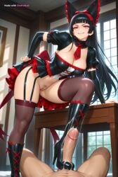 1girl ai_assisted ai_generated bdsm_room below bent_over big_eyes black_hair bootjob cleavage cum cum_on_boots cumshot cute_face detailed_face domination dripping eye_contact eyelashes femdom focus foreshortening from high_heel_boots highly_detailed leaning_forward legs_apart open_mouth pain perfect_anatomy pov pov_footjob precum pussy_spread red_eyes red_lipstick rory_mercury sitting_on_table skinny slender smile smirk sperm veins_on_penis veiny_penis view