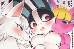 animal_crossing anthro big_breasts blonde_hair blue_eyes blush breasts deer dotty_(animal_crossing) female fuchsia_(animal_crossing) fur heart japanese_text nintendo rabbit red_eyes text urumin3939 video_games whitney_(animal_crossing) wolf